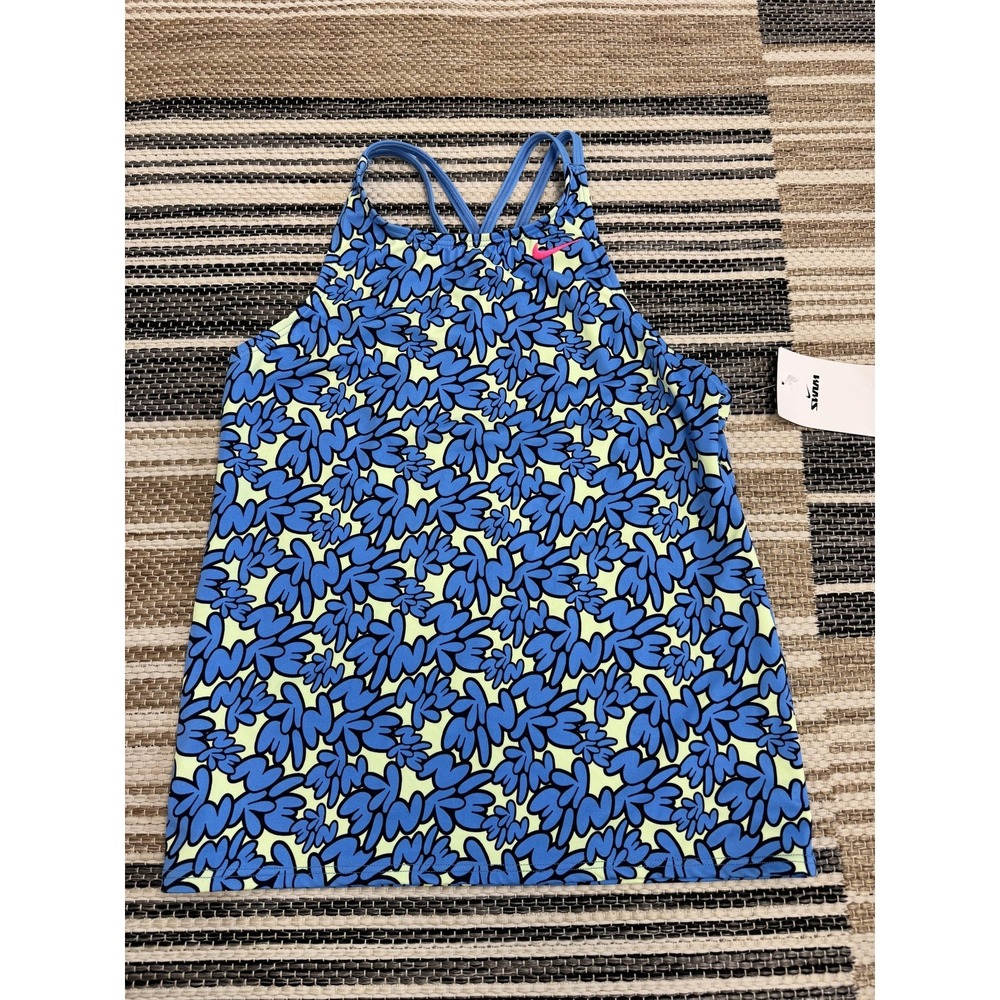 Nike Bubble Script Swim Tank Top Girl's Large Blue Logo Strappy Sports Swim